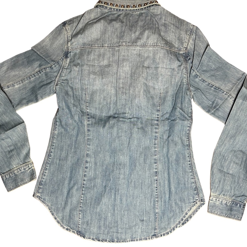 Juicy Couture Studded Collar Denim Jean Shirt Pockets Flap Long Sleeve Small - Picture 5 of 10